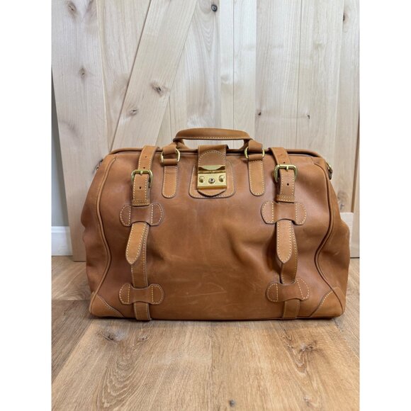 J. Peterman Co Mens Leather Bag Gladstone Travel Weekender Tan Removable Strap - Picture 3 of 11